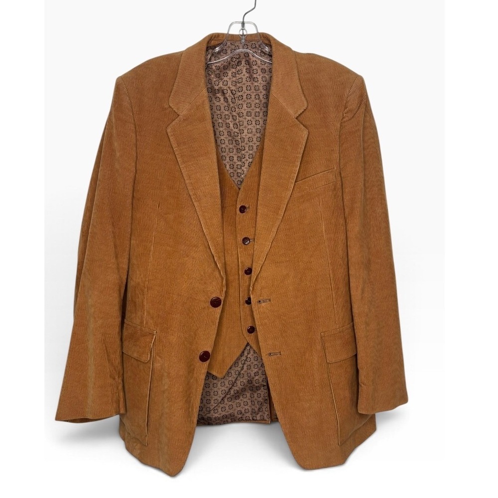 Europe Craft Corduroy Blazer Vest Set Mens L Camel Good Vintage 70s Academic